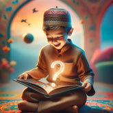 Een gloeiende vraagteken stijgt op uit een boek in de kinderboek mystery aankoop